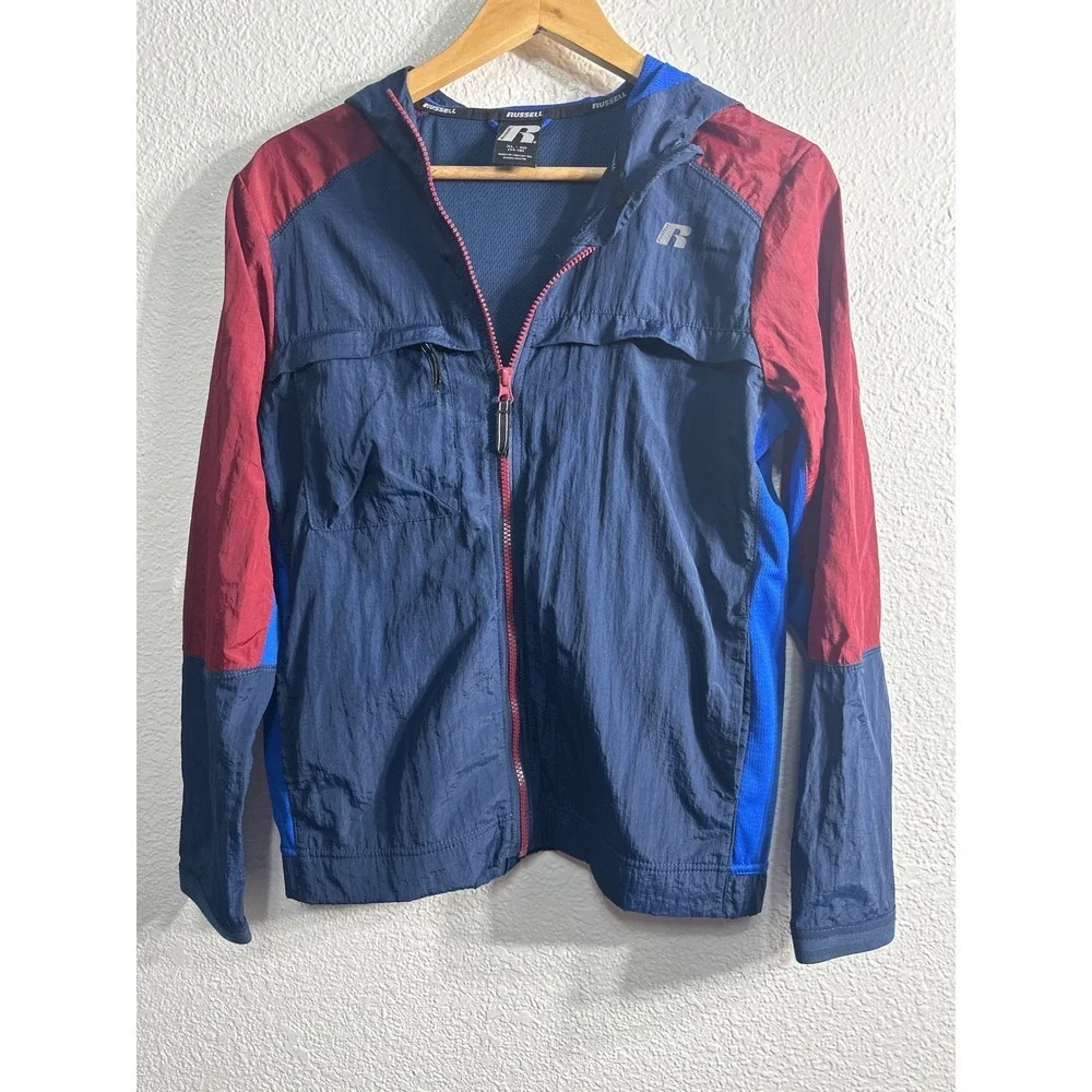 Russell Boys XL 14-16 Windbreaker Jacket Navy Blue Burgundy Zip Hooded